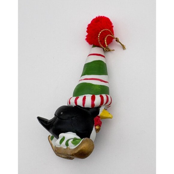 Vintage Ice Skating Penguin Christmas Tree Ornament Striped Hat Hand Painted - Picture 5 of 6